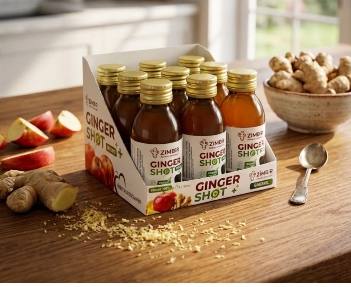 Коробка Ginger Shot на кухонном столе рядом с имбирём и яблоками